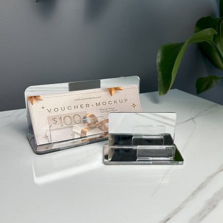 EXKLUSIVES SET AUS VOUCHERHALTER UND VISITENKARTENHALTER IN SILBERNER SPIEGELOPTIK
