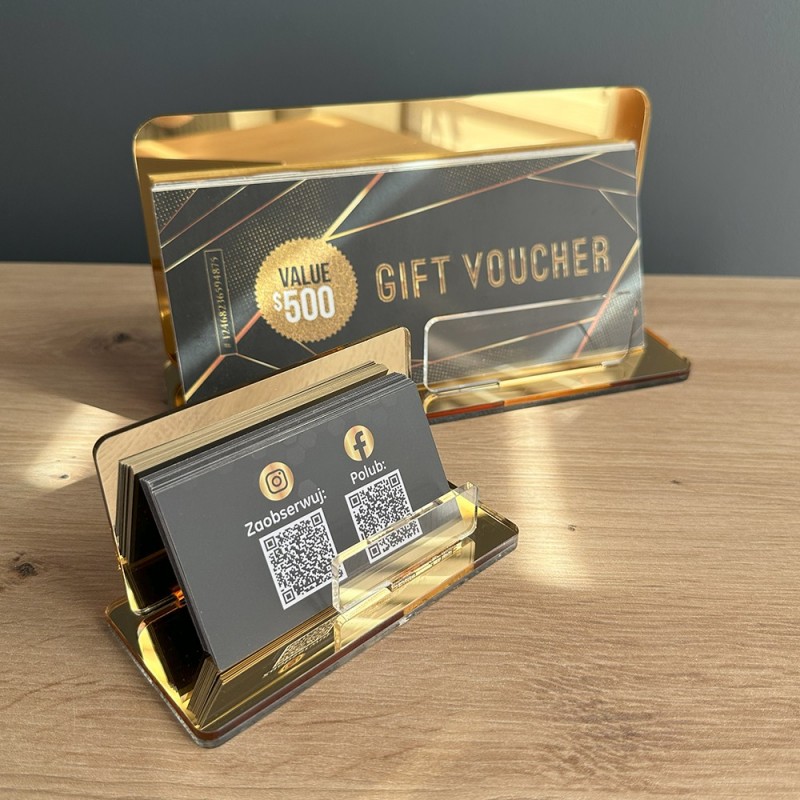 EXKLUSIVES SET AUS VOUCHERHALTER UND VISITENKARTENHALTER IN GOLDENER SPIEGELOPTIK