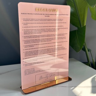 Stojak A4 Regulamin UV Pleksi lustrzane złoto