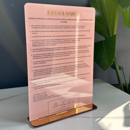 Stojak A4 Regulamin UV Pleksi lustrzane złoto